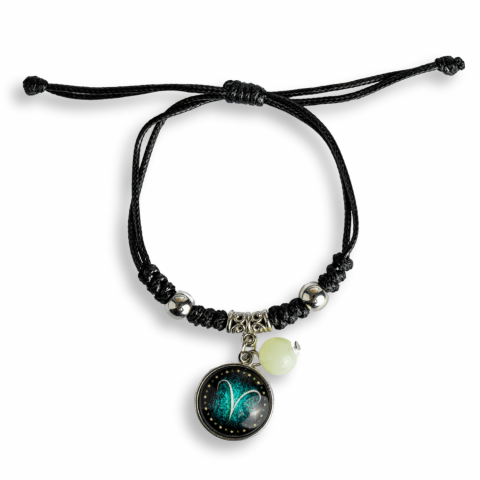 Fecioara - Bratara Zodiacala Ajustabila din Sfoara Cerata si Piele Sintetica – Cabochon Rotund cu Semn Zodiacal si Bila Fosforescenta