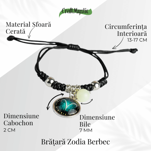 Bratara Zodiacala Ajustabila din Sfoara Cerata si Piele Sintetica – Cabochon Rotund cu Semn Zodiacal si Bila Fosforescenta [3]