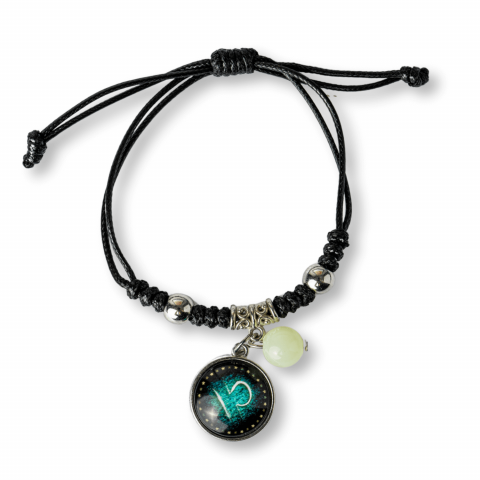 Bratara Zodiacala Ajustabila din Sfoara Cerata si Piele Sintetica – Cabochon Rotund cu Semn Zodiacal si Bila Fosforescenta [0]