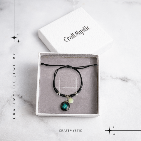 Bratara Zodiacala Ajustabila din Sfoara Cerata si Piele Sintetica – Cabochon Rotund cu Semn Zodiacal si Bila Fosforescenta [7]