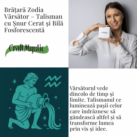 Bratara Zodiacala Ajustabila din Sfoara Cerata si Piele Sintetica – Cabochon Rotund cu Semn Zodiacal si Bila Fosforescenta [5]