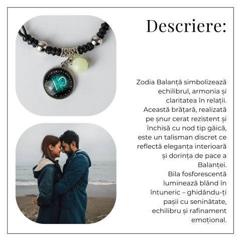 Bratara Zodiacala Ajustabila din Sfoara Cerata si Piele Sintetica – Cabochon Rotund cu Semn Zodiacal si Bila Fosforescenta [3]