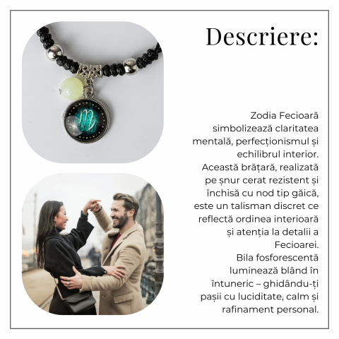 Bratara Zodiacala Ajustabila din Sfoara Cerata si Piele Sintetica – Cabochon Rotund cu Semn Zodiacal si Bila Fosforescenta [5]