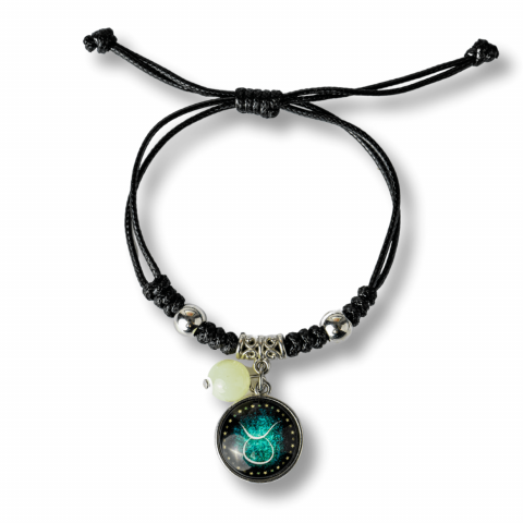 Bratara Zodiacala Ajustabila din Sfoara Cerata si Piele Sintetica – Cabochon Rotund cu Semn Zodiacal si Bila Fosforescenta [0]