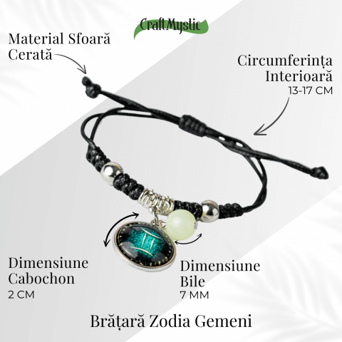 Bratara Zodiacala Ajustabila din Sfoara Cerata si Piele Sintetica – Cabochon Rotund cu Semn Zodiacal si Bila Fosforescenta [4]