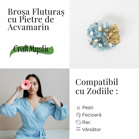 Brosa Fluture din Aliaj si Pietre Naturale de Acvamarin - Simbol al Linistii si Claritatii [3]