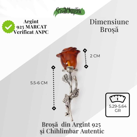 Brosa din Argint 925 cu Chihlimbar Natural – Trandafir al Luminii Calde [4]