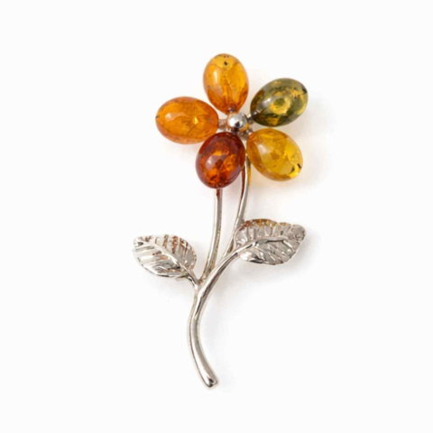 Taur - Brosa floare din chihlimbar si argint 925, pentru o nota calda la tinuta