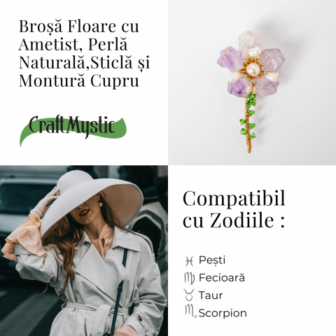 Brosa Floare Ametist cu Perla Naturala si Montura Auriu - Eleganta si Energie Pozitiva [5]