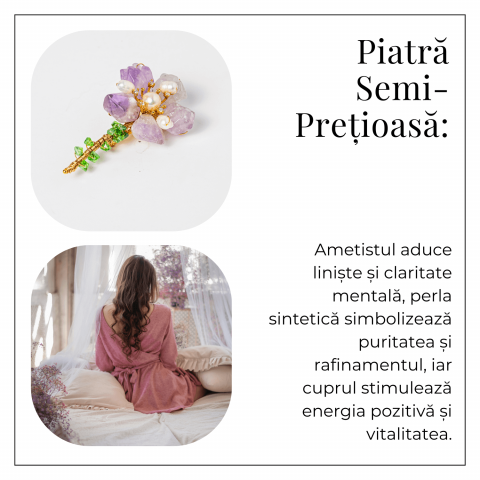 Brosa Floare Ametist cu Perla Naturala si Montura Auriu - Eleganta si Energie Pozitiva [4]