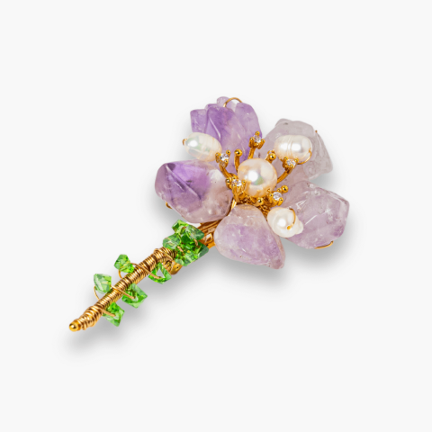Brosa Floare Ametist cu Perla Naturala si Montura Auriu - Eleganta si Energie Pozitiva [7]