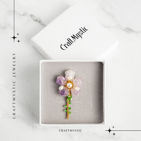 Brosa Floare Ametist cu Perla Naturala si Montura Auriu - Eleganta si Energie Pozitiva [8]