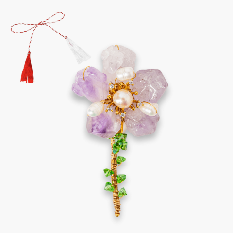 Brosa Floare Ametist cu Perla Naturala si Montura Auriu - Eleganta si Energie Pozitiva [6]