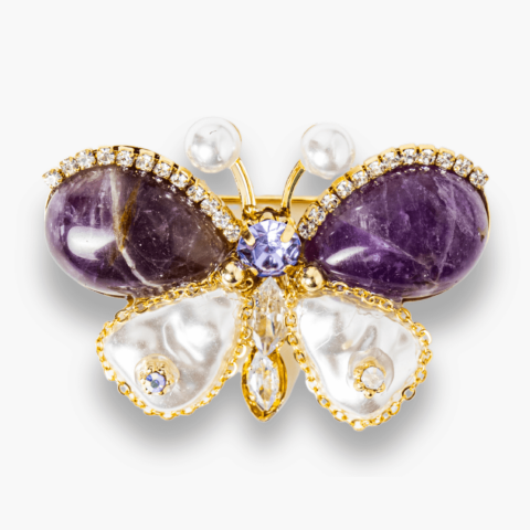 Brosa fluturas ametist cu perla sintetica si montura din cupru – Eleganta si echilibru [5]
