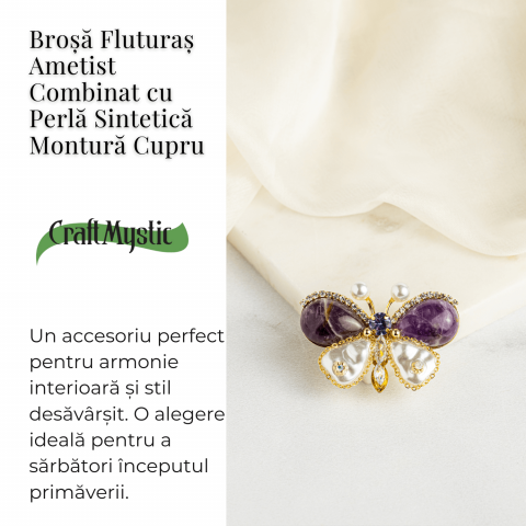 Brosa fluturas ametist cu perla sintetica si montura din cupru – Eleganta si echilibru [2]