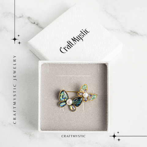 Brosa cu Fluturasi din Scoica Abalone, Perla Naturala si Fluturas cu Pietricele de Zirconia - Eleganta si Stralucire [7]