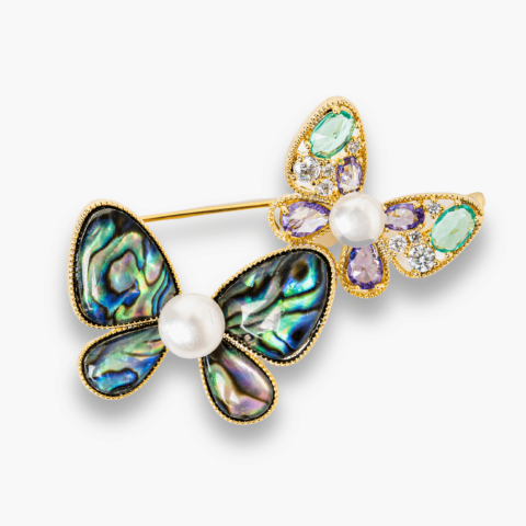 Brosa cu Fluturasi din Scoica Abalone, Perla Naturala si Fluturas cu Pietricele de Zirconia - Eleganta si Stralucire [5]