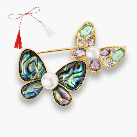 Brosa cu Fluturasi din Scoica Abalone, Perla Naturala si Fluturas cu Pietricele de Zirconia - Eleganta si Stralucire
