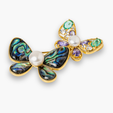 Brosa cu Fluturasi din Scoica Abalone, Perla Naturala si Fluturas cu Pietricele de Zirconia - Eleganta si Stralucire [6]