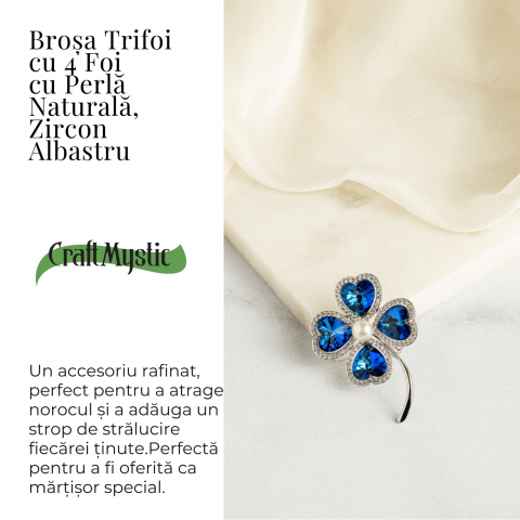 Brosa Trifoi cu 4 Foi cu Perla Naturala si Zircon Albastru - Simbol al Norocului [2]
