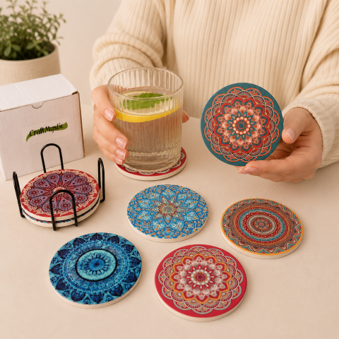 Set 6 Suporturi Absorbante pentru Pahare cu Mandale Colorate – Protectie si Eleganta pentru Masa Ta [1]