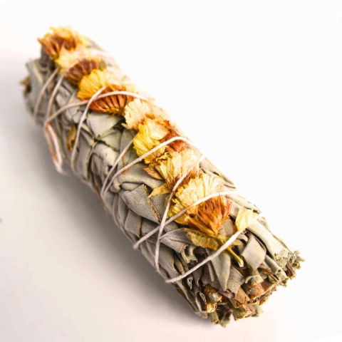 Cristale pe beneficii - Buchet Salvie Alba California cu Garofite Galbene/Sinuata - Energie Pozitiva si Claritate