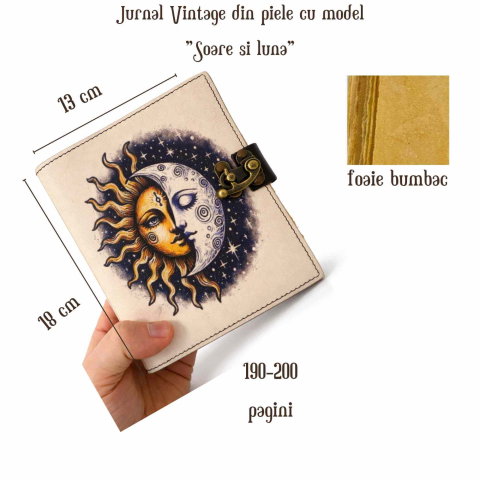 Jurnal Vintage din Piele – Soare si Luna, Hartie Bumbac, 190-200 Pagini [1]