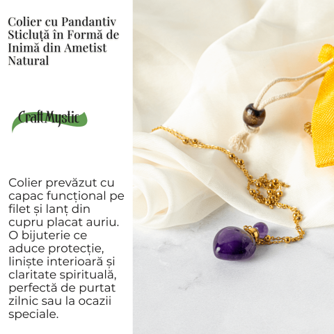 Claritate si Protectie – Colier Inima Sticluta cu Ametist Natural, Lant din cupru Placat Auriu [2]