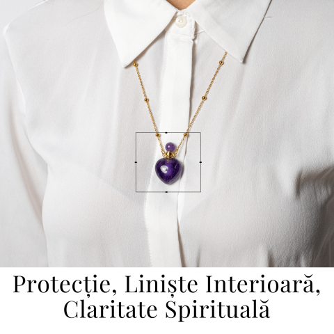 Claritate si Protectie – Colier Inima Sticluta cu Ametist Natural, Lant din cupru Placat Auriu [1]