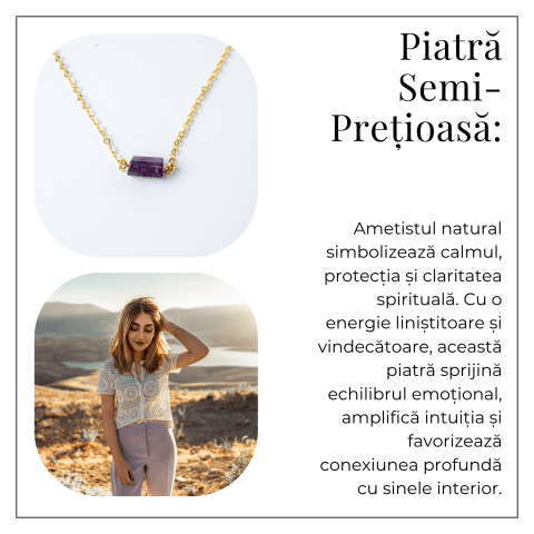 Colier otel inoxidabil auriu cu ametist natural brut – Claritate si echilibru interior [7]