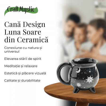 Cana din Ceramica in Forma de Ceaun cu Design Soare si Luna - Cadou Inedit pentru Iubitorii de Magie si Mister [4]