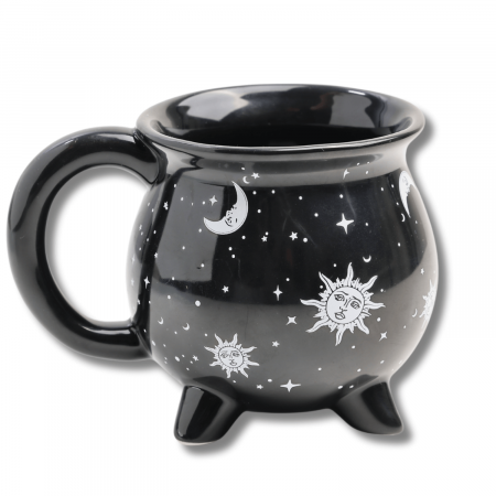 Cana din Ceramica in Forma de Ceaun cu Design Soare si Luna - Cadou Inedit pentru Iubitorii de Magie si Mister