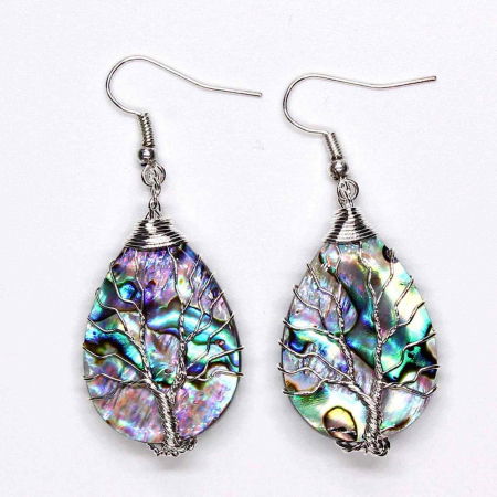 Cercei din scoici Abalone cu invelis din sarma placata in culoarea argintului sub forma de Arborele vietii [3]