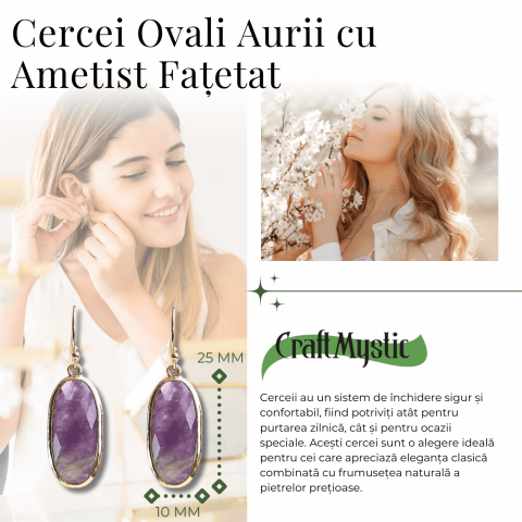 Cercei Ovali cu Piatra Ametist Fatetat Aurii - Energie si Eleganta [2]