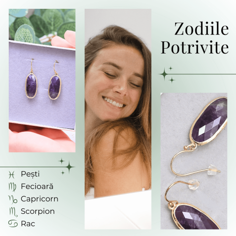 Cercei Ovali cu Piatra Ametist Fatetat Aurii - Energie si Eleganta [4]