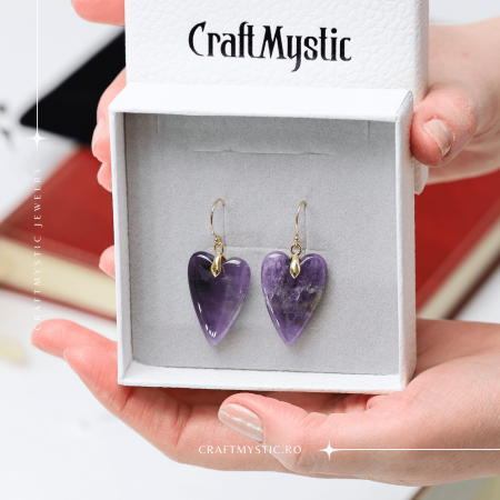 Cercei Aurii in Forma de Inima cu Cristal de Ametist [1]