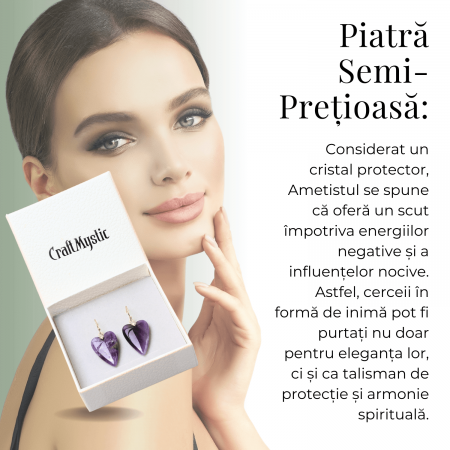 Cercei Aurii in Forma de Inima cu Cristal de Ametist [6]