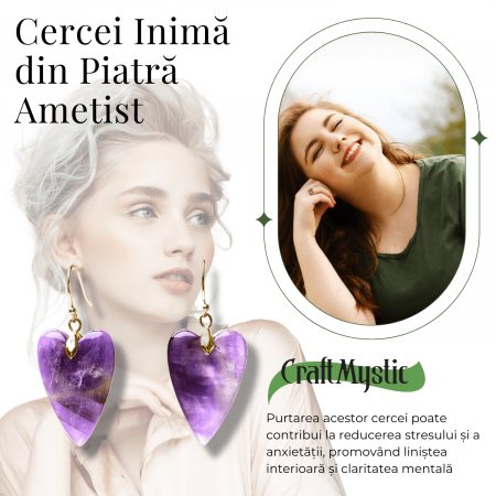 Cercei Aurii in Forma de Inima cu Cristal de Ametist [4]
