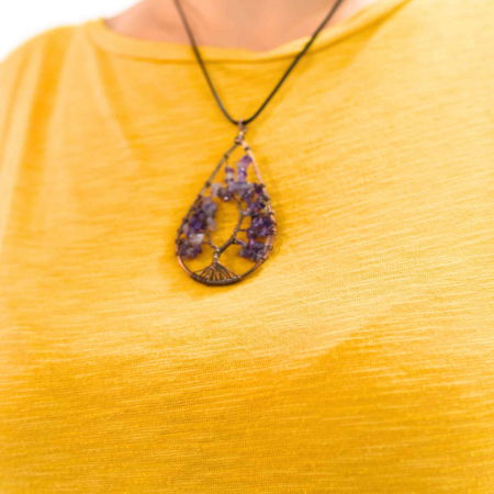 Colier Boho cu Pandantiv in Forma de Lacrima si Arbore al Vietii din Margele de Ametist Natural in Tonuri de Cupru [3]