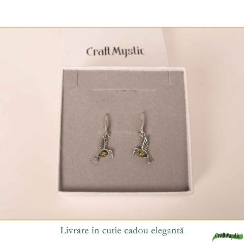 Cercei Argint 925 Colibri cu Chihlimbar Verde – Energie, Bucurie si Libertate [5]