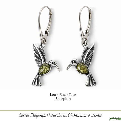 Cercei Argint 925 Colibri cu Chihlimbar Verde – Energie, Bucurie si Libertate [4]