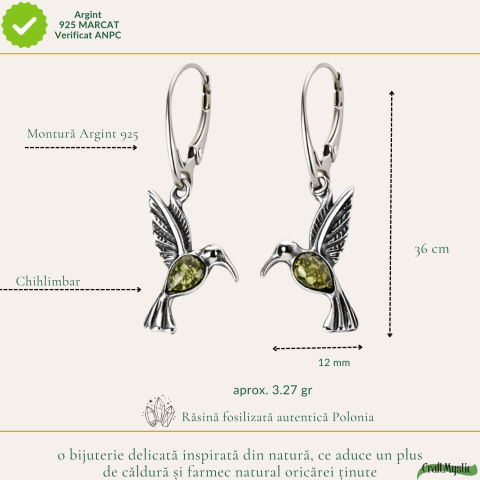 Cercei Argint 925 Colibri cu Chihlimbar Verde – Energie, Bucurie si Libertate [3]