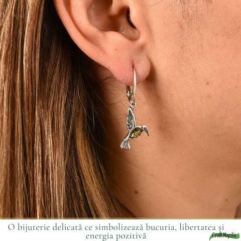 Cercei Argint 925 Colibri cu Chihlimbar Verde – Energie, Bucurie si Libertate [1]