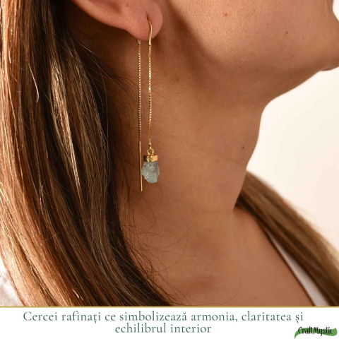 Cercei Argint 925 Placat cu Aur 18K cu Acvamarin Brut si Lant – Calm si Eleganta Naturala [1]