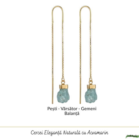 Cercei Argint 925 Placat cu Aur 18K cu Acvamarin Brut si Lant – Calm si Eleganta Naturala [4]