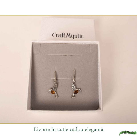 Cercei Argint 925 Pasarea Colibri cu Chihlimbar Rosu – Energie, Bucurie si Eleganta Naturală [5]