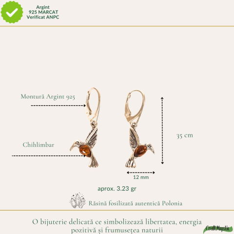 Cercei Argint 925 Pasarea Colibri cu Chihlimbar Rosu – Energie, Bucurie si Eleganta Naturală [3]