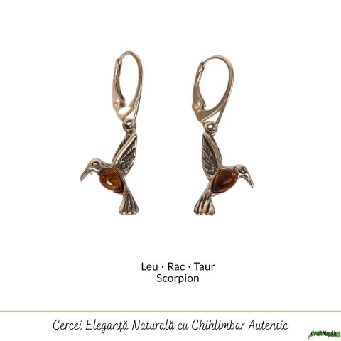 Cercei Argint 925 Pasarea Colibri cu Chihlimbar Rosu – Energie, Bucurie si Eleganta Naturală [4]