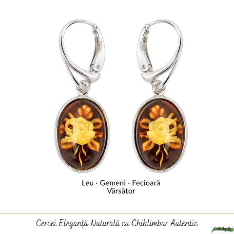 Cercei Argint 925 cu Chihlimbar Verde si Floare – Eleganta si Armonie Naturala [4]