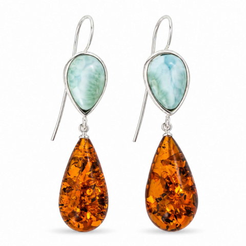 Leu - Cercei Argint 925 cu Chihlimbar si Larimar  – Echilibru si Feminitate